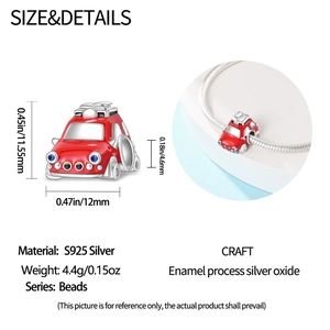 Detailed view of red enamel car charm bead with dimensions and styling on bracelet