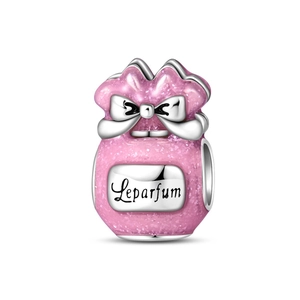 Detailed close-up of pink glitter enamel perfume bottle charm with Leparfum engraving