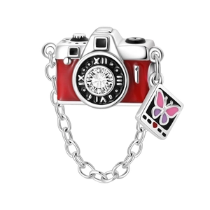 Silver camera charm with red enamel, zircon lens, and butterfly tag for DIY necklaces
