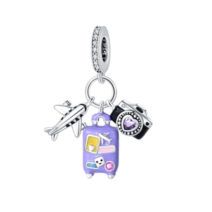 Travel charms set featuring white airplane, purple suitcase and black camera in silver finish