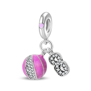 Silver basketball charm with pink enamel, pavé crystals, and number 8 for DIY bracelets