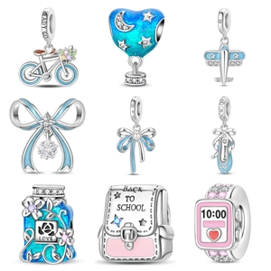 Alloy Silver Plated Enamel Charm Pendant Rhinestone Airplane Bicycle Bow Ballet Shoe School Bag DIY Jewelry Bracelet Accessories