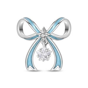 Blue enamel bow charm with hanging star pendant for DIY jewelry bracelets and necklaces