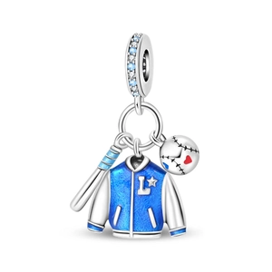 Silberner Baseball-Anhänger mit blauer Jacke Schläger und Ball für Armbänder