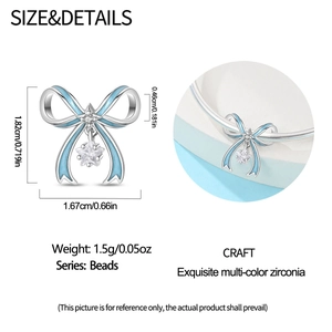 Blue bow charm with zircon star pendant showing size details and bracelet styling