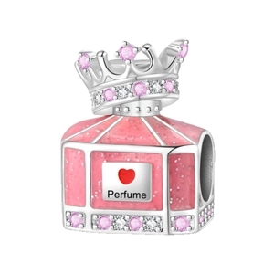 Pink perfume bottle charm with crown cap and heart detail for jewelry DIY