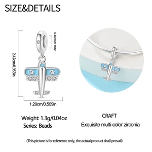 Blue enamel silver airplane charm with sparkling colorful zircons and size specs