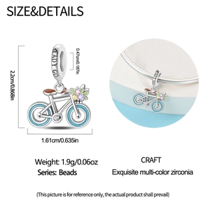 Detailed silver bicycle charm with blue enamel wheels and colorful zirconia stones