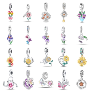 Flower Charm Beads Daisy Sunflower Tulip Charm DIY Jewelry Accessories For Bracelet Necklace Silver Plated Enamel Rhinestone Botanical Floral Pendant Women Gift