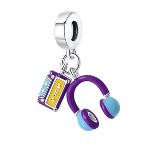 Charm musique en argent avec cassette vintage et casque pour bracelet DIY