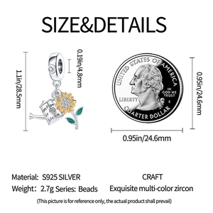 Silver sunflower and watering can charm detail with S925 mark and size reference