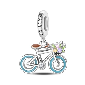 Detailed silver bicycle charm with blue enamel wheels and Ready Go engraving on the loop
