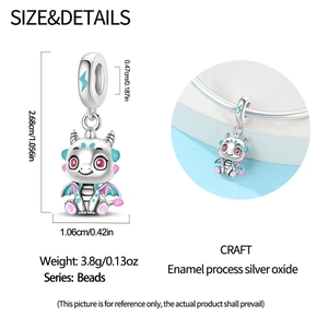 Dimensiones detalladas del amuleto dragón de plata con esmalte para pulseras de charms