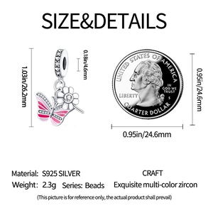 Detail of pink enamel butterfly charm with white flower and S925 silver dimensions