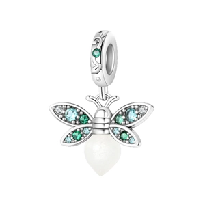 Luminous firefly charm pendant in silver with green gemstones and pearly glow bead
