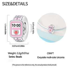 Macro detail of silver charm bead shaped like a smartwatch with pink zirconia stones