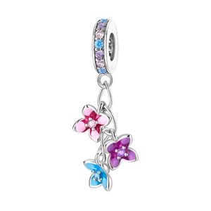 S925 silver flower charm with colorful zircon stones and floral enamel pendants