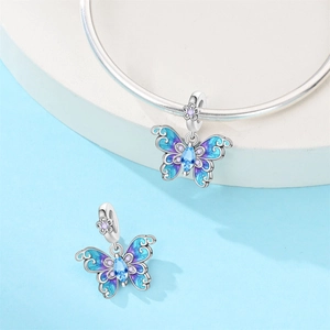 Colgante de mariposa en esmalte azul con cristales en pulsera de plata para joyas DIY