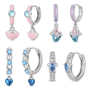 Marine Series Silver Plated Hoop Earrings Blue Sea Turtle Pink Shell Mermaid Tail Heart Pendant Enamel Rhinestone Earrings For Women
