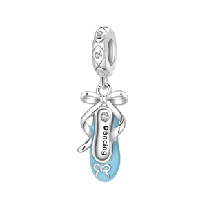 Blue enamel ballet slipper charm with cubic zirconia and engraved dancing text