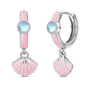 Detail of silver hoop earrings with pink enamel shell charms and blue moonstone