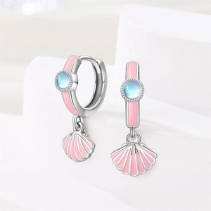 Elegant silver shell earrings with pink enamel and light blue bead on geometric background