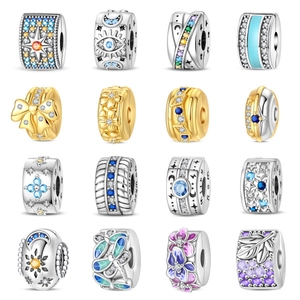 Versilberte Kupfer Zirkonia Clip Charms Böser Blick Galaxie Stern Muster Clip Perlen Für Armband Schmuckherstellung DIY Zubehör