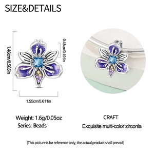 Detail view of iris flower bead charm with dimensions and silver bracelet styling