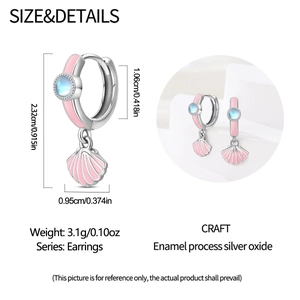 Detailed view of silver shell drop earrings with pink enamel and light blue gemstone beads