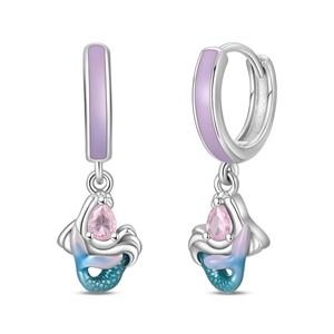 Detailed view of silver mermaid tail drop earrings with pink gems and blue enamel scales