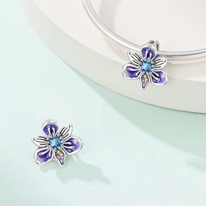 Silver iris pansy flower charms with purple enamel and blue stone for DIY bracelets