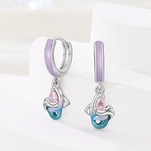 Elegant silver mermaid tail earrings with pink gemstones and purple enamel finish