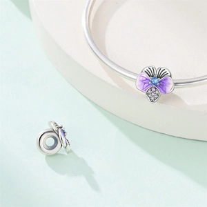 Silver pansy flower charm with purple enamel and blue crystal for DIY bracelets