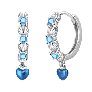 Silver hoop earrings with blue stones and heart pendants featuring marine shell patterns