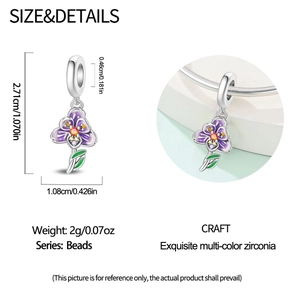 Detailed size view of silver violet pansy charm with purple enamel and cubic zirconia