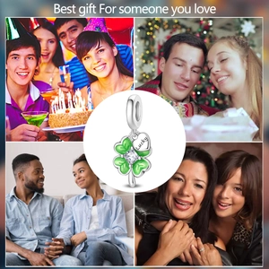 Detailed charm with green enamel clover, zircon stone, and Lucky heart pendant for bracelets