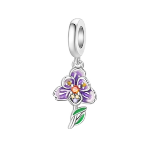 Silver flower charm pendant with purple enamel petals and vibrant gemstones on white background