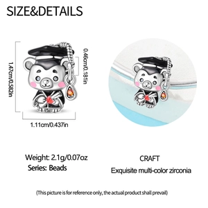 Silver graduation owl bead charm with graduation cap and diploma detail measurements