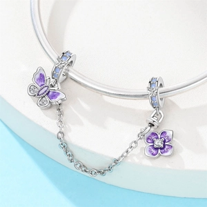Catena di sicurezza a farfalla placcata argento con smalto viola e zirconi per bracciali