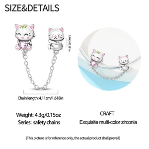 Catena di sicurezza per gatti in argento per bracciali con zircone a cuore rosa e misure