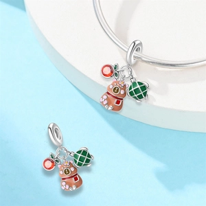 Charm 3-in-1 in argento S925 con mela, orso e ciondolo a scacchi per braccialetti