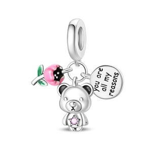 Ciondolo in argento con tulipano rosa, orsetto e incisione You are all my reasons per bracciale