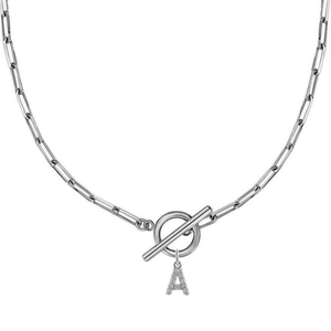 Collar de clip plateado con colgante de letra A en circonita y cierre de barra