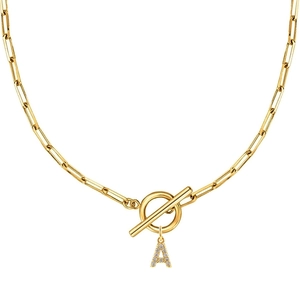 Collar de cadena de clip dorada con colgante de letra A en circonita y cierre de T