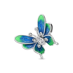 Dettaglio di ciondolo a farfalla in argento con smalto blu-verde e zirconi incastonati
