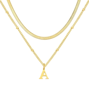 Collier double rang en acier inoxydable doré avec initiale A, maille serpent et perles