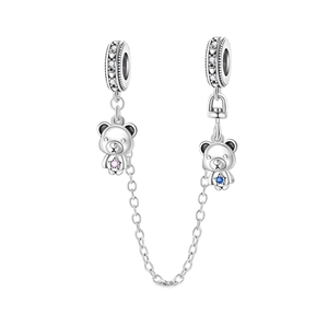 Catena di sicurezza a orso in argento per bracciali con cristalli a stella rosa e blu