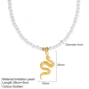 Collar de serpiente dorada de acero inoxidable con perlas de 4mm y medidas detalladas