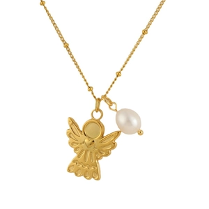 Gold angel wing heart necklace with freshwater pearl pendant on elegant beaded chain