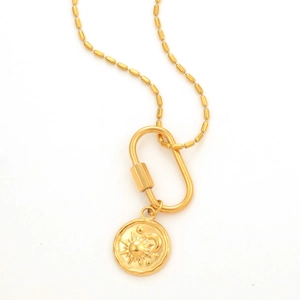 Gold stainless steel ball chain necklace with carabiner clasp and sun moon coin pendant